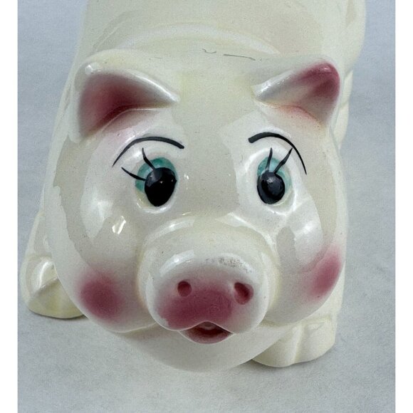 Vintage Painted Ceramic Standing Piggy Bank Off White Pottery Taiwan Made 6x3 in - Picture 2 of 12